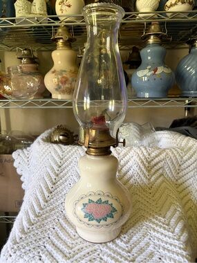 Vintage Lamplight Hurricane Lamp with Pink Rose Motif